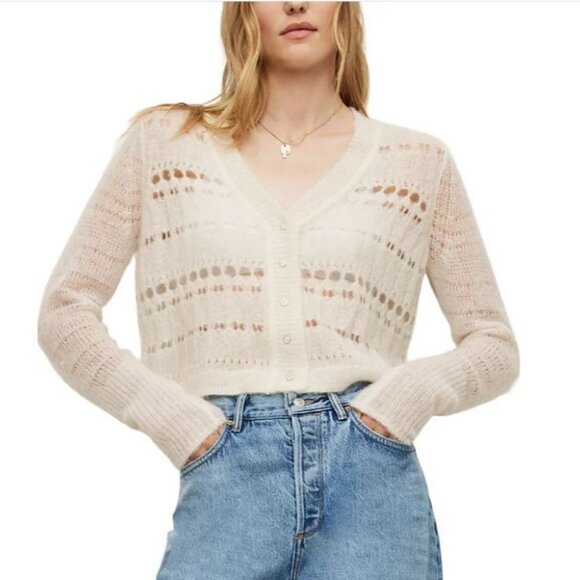 ALLSAINTS Cole Wool and Alpaca Cropped Cardigan Sweater XS Open Knit Chalk White - Picture 1 of 12